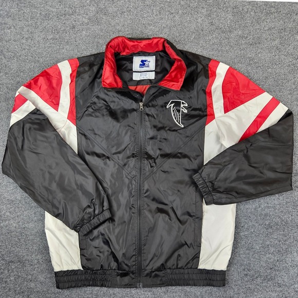 Atlanta Falcons NFL Starter Windbreaker Jacket Black Red Mens L Packable Hood - Picture 1 of 7
